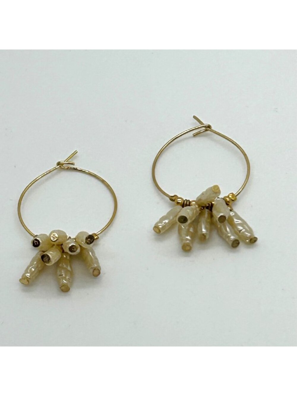Vintage Gold Hoop Earrings With White Acrylic Stick Pearl Clusters